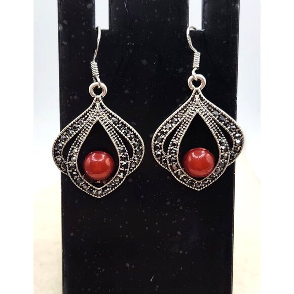 Silvertone Drop Earrings with Marcasite Accent & Brownish Red Center Stone - Picture 1 of 2